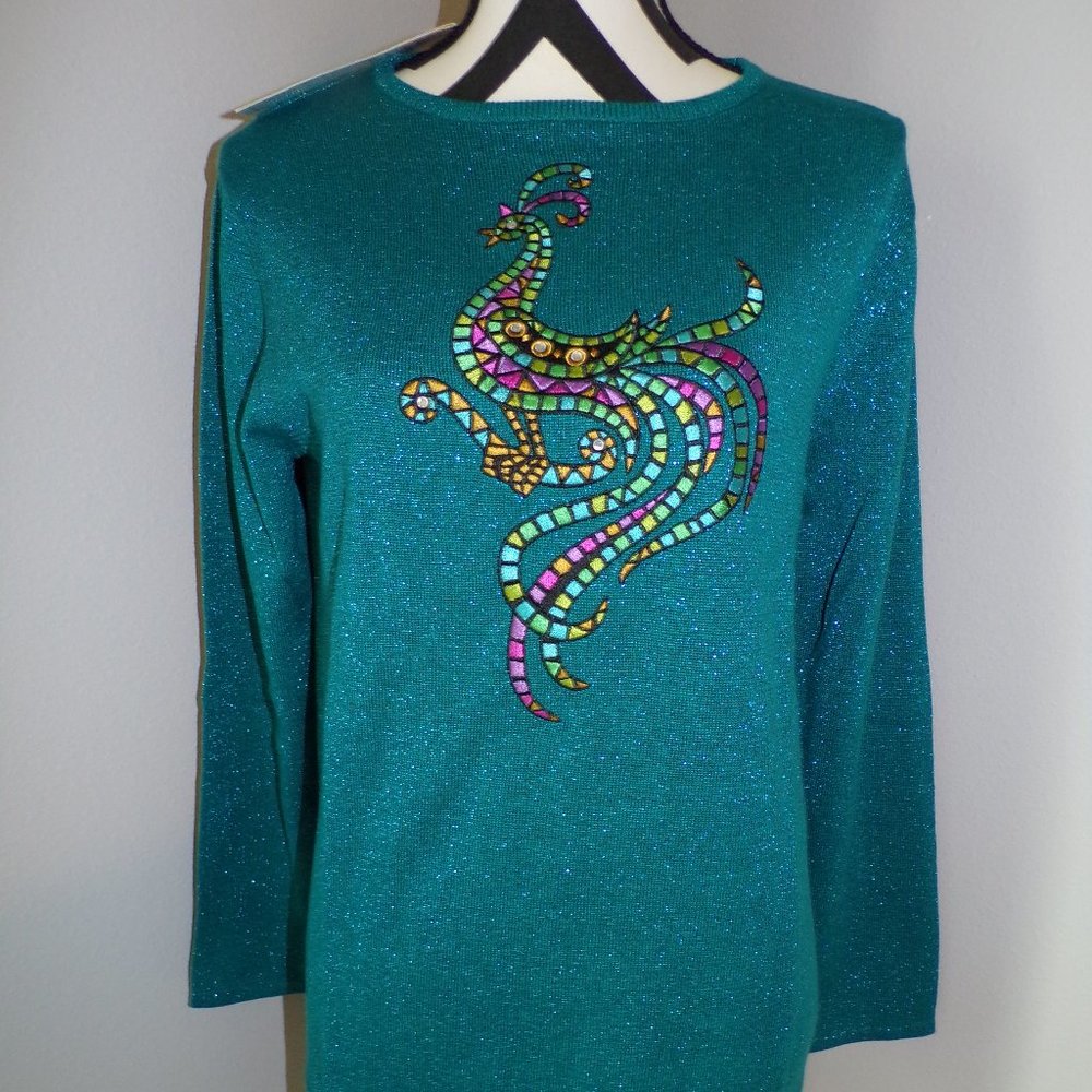 Bob Mackie Small 6/8 Teal Peacock Metallic Top - Picture 2 of 5